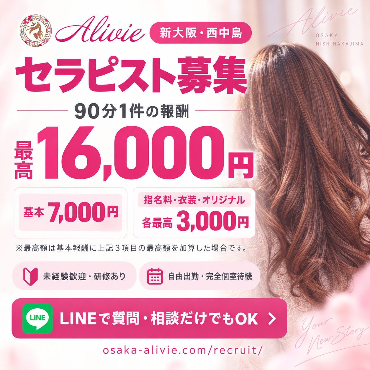 Alivie セラピスト募集 90分基本7,000円 最高16,000円 指名料・衣装・オリジナル各最高3,000円